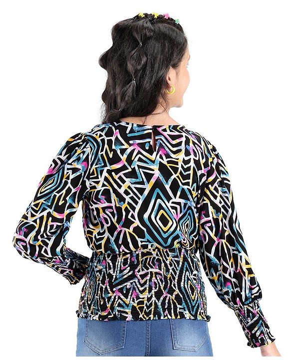 Pine Kids Full Sleeves Abstract Printed Top With Elasticated Fit - Black