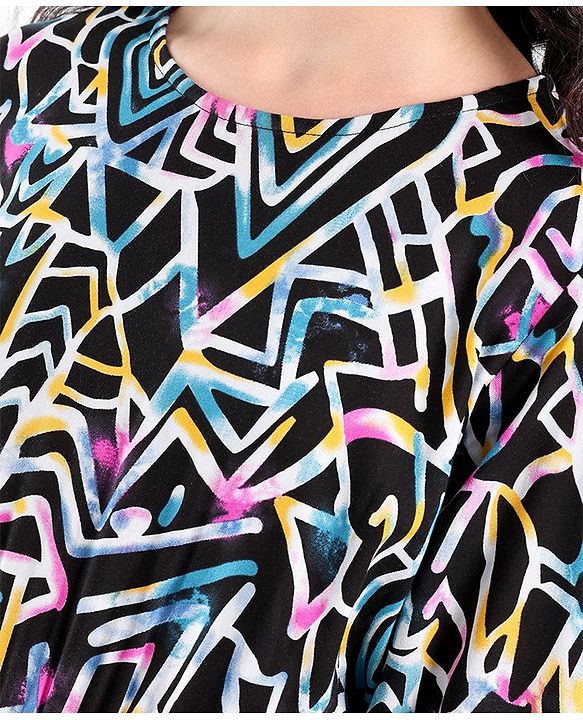 Pine Kids Full Sleeves Abstract Printed Top With Elasticated Fit - Black