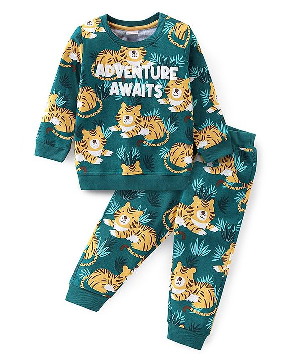 Babyhug 100% Cotton Knit Full Sleeves T-Shirt & Lounge Pant With Tiger Print - Green