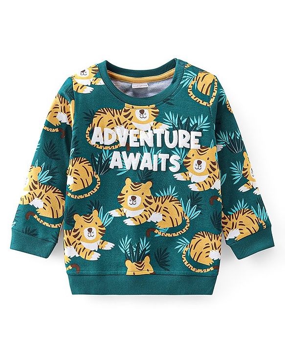 Babyhug 100% Cotton Knit Full Sleeves T-Shirt & Lounge Pant With Tiger Print - Green