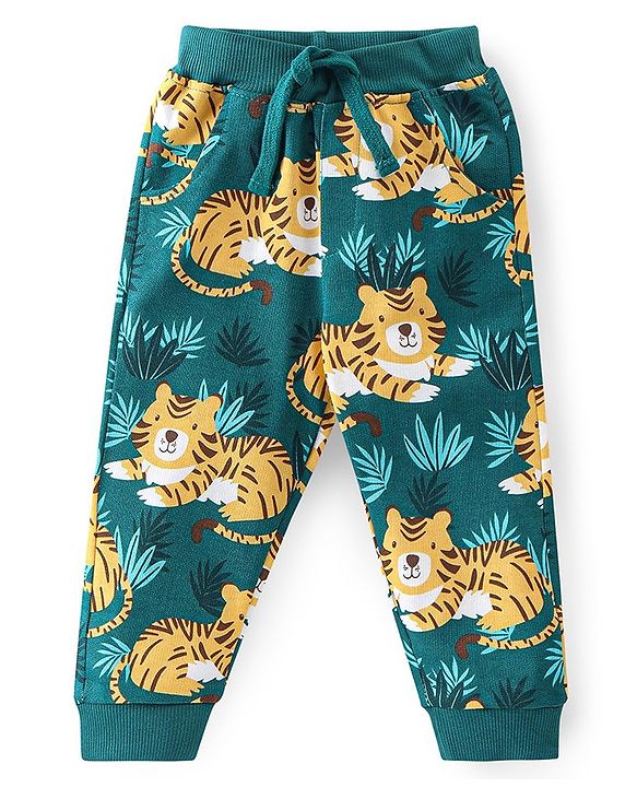 Babyhug 100% Cotton Knit Full Sleeves T-Shirt & Lounge Pant With Tiger Print - Green