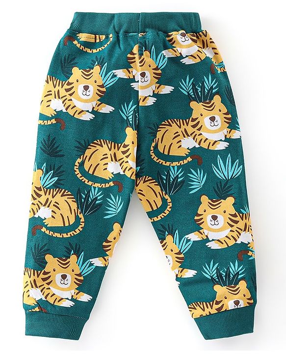 Babyhug 100% Cotton Knit Full Sleeves T-Shirt & Lounge Pant With Tiger Print - Green