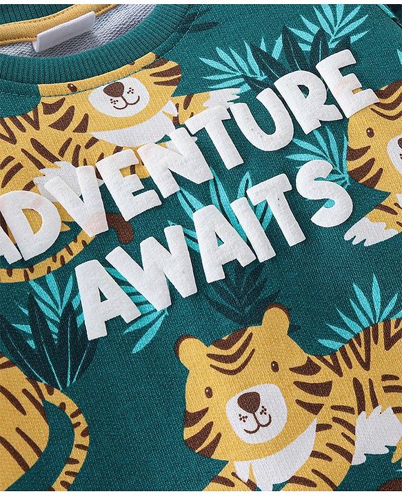 Babyhug 100% Cotton Knit Full Sleeves T-Shirt & Lounge Pant With Tiger Print - Green