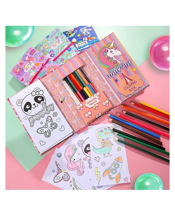 HAPPY HUES Travel Coloring Kit For Kids No Mess Space Coloring Set With 60  Coloring Pages And 8 Double Sided Coloring Pencils Coloring Book For Girls  And Boys Birthday Party Favors Gifts