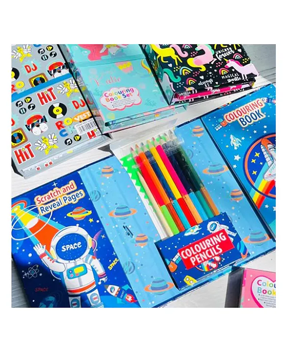 HAPPY HUES Travel Coloring Kit For Kids No Mess Space Coloring Set With 60  Coloring Pages And 8 Double Sided Coloring Pencils Coloring Book For Girls  And Boys Birthday Party Favors Gifts