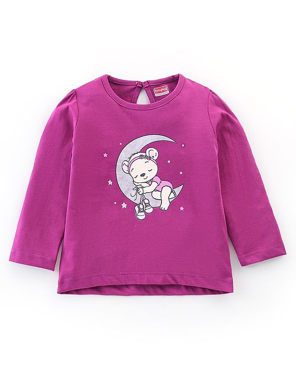 Babyhug Single Jersey Full Sleeves Night Suit With Bear & Polka Dot Print - Purple