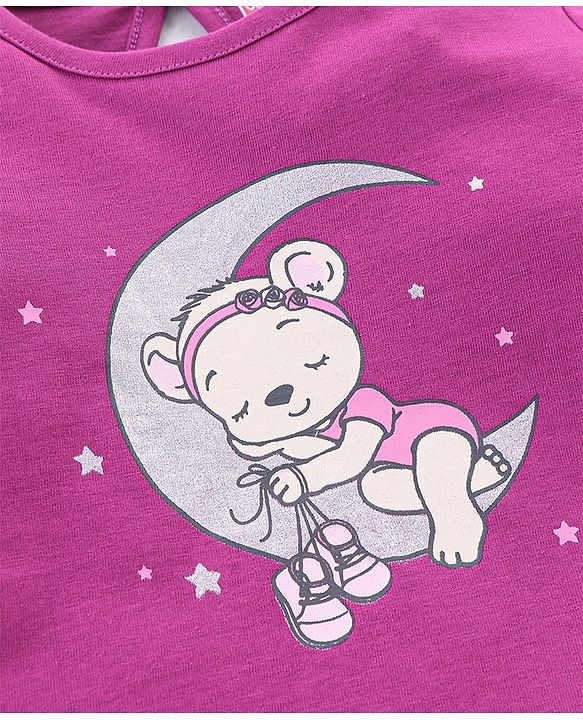 Babyhug Single Jersey Full Sleeves Night Suit With Bear & Polka Dot Print - Purple