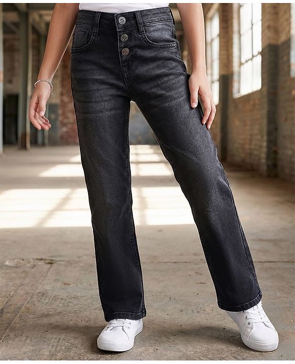 Pine Kids Denim Woven Full Length Bell Bottom Washed Jeans - Black