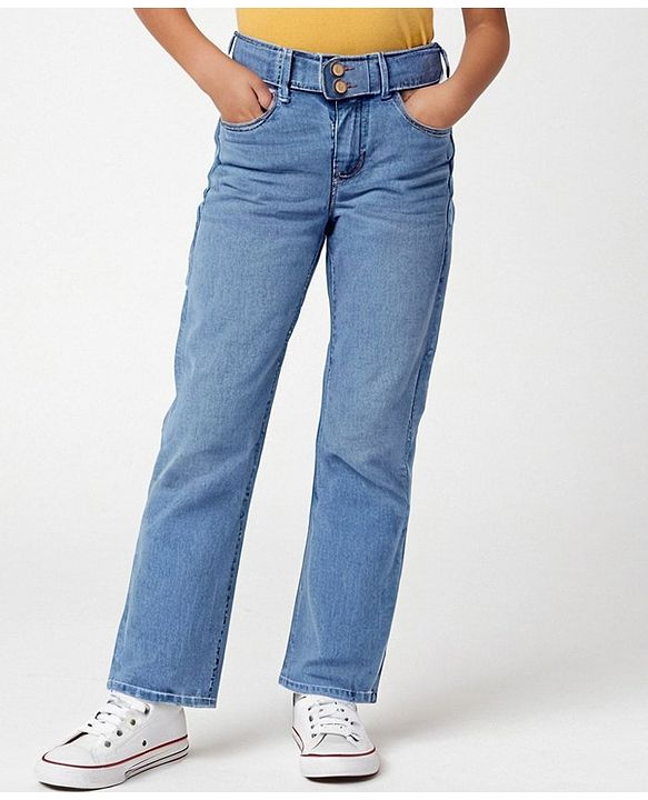 Pine Kids Full Length Flared Double Button Waist Denim With Back Elasticated - Mid Blue