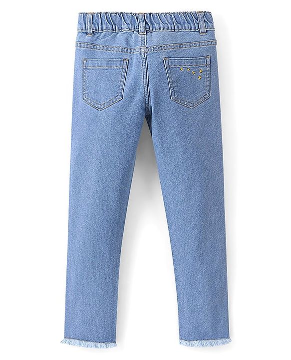Pine Kids Ankle Length Back Elasticated Waist Jeans With Star Embroidery - Light Blue