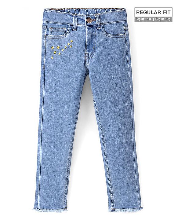 Pine Kids Ankle Length Back Elasticated Waist Jeans With Star Embroidery - Light Blue