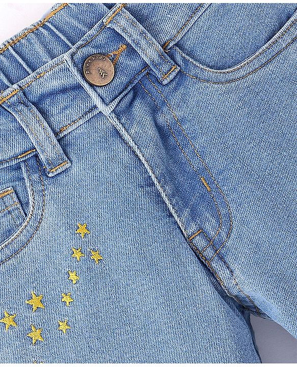 Pine Kids Ankle Length Back Elasticated Waist Jeans With Star Embroidery - Light Blue