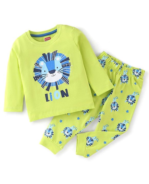 Babyhug Cotton Knit Full Sleeves Lion Printed Night Suit - Green