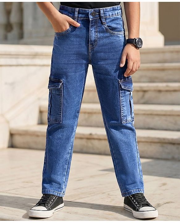 Pine Kids Cotton Full Length Cargo Fit Adjustable Washed Elasticated Jeans - Blue