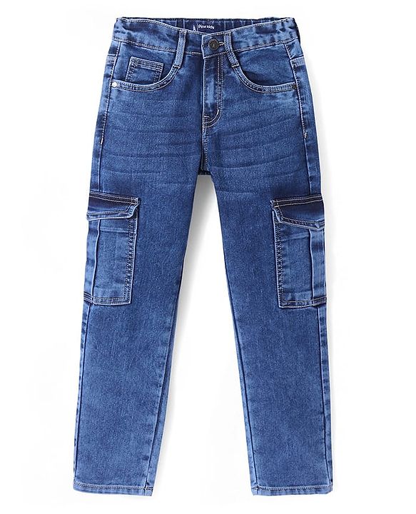 Pine Kids Cotton Full Length Cargo Fit Adjustable Washed Elasticated Jeans - Blue