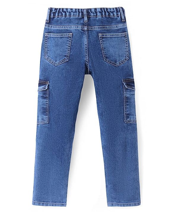 Pine Kids Cotton Full Length Cargo Fit Adjustable Washed Elasticated Jeans - Blue