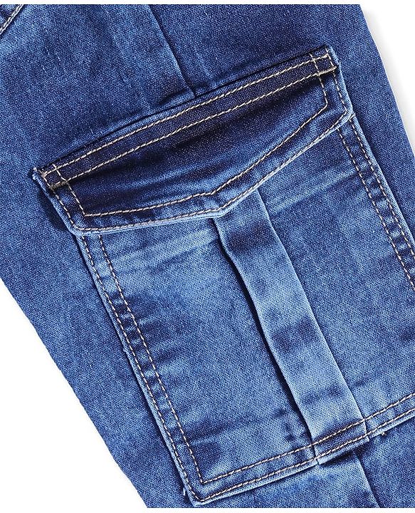 Pine Kids Cotton Full Length Cargo Fit Adjustable Washed Elasticated Jeans - Blue