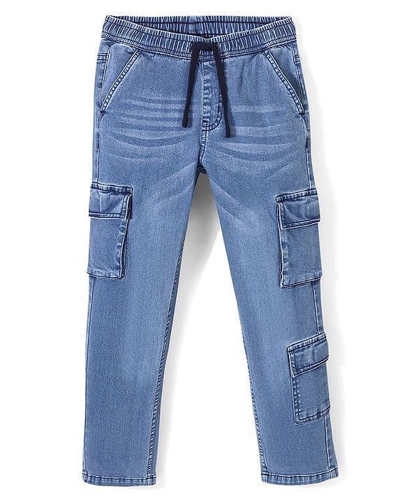 Pine Kids Denim Washed Full Length Cargo Fit Jeans with Pockets - Mid Blue