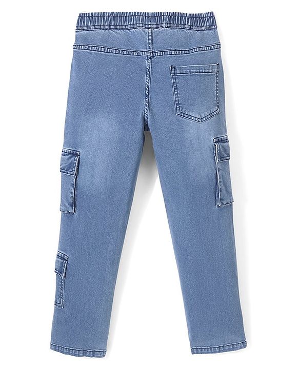 Pine Kids Denim Washed Full Length Cargo Fit Jeans with Pockets - Mid Blue