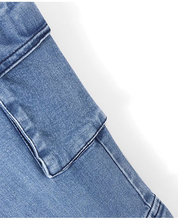 Pine Kids Denim Washed Full Length Cargo Fit Jeans with Pockets - Mid Blue