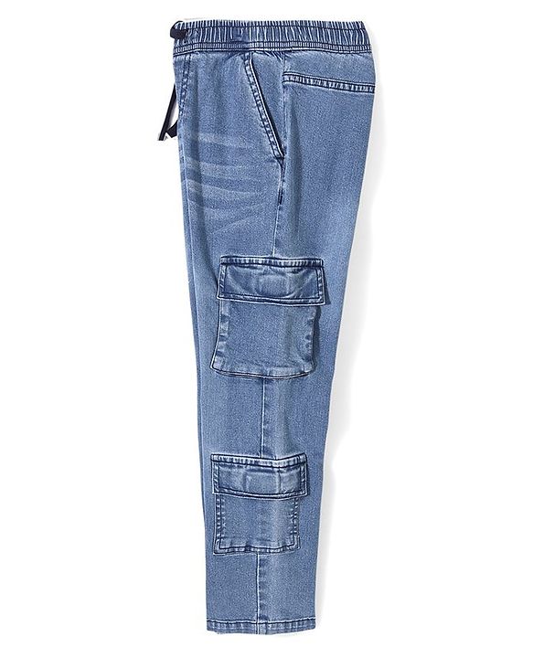 Pine Kids Denim Washed Full Length Cargo Fit Jeans with Pockets - Mid Blue