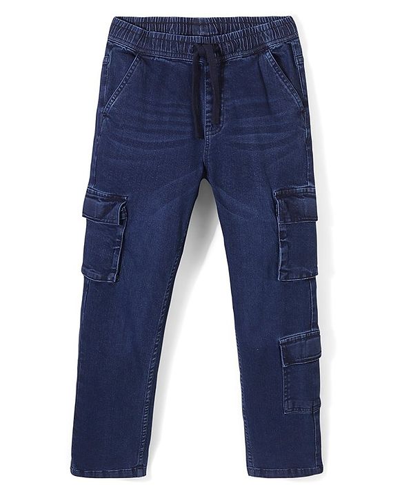 Pine Kids Denim Washed Full Length Cargo Fit Jeans with Pockets - Dark Blue