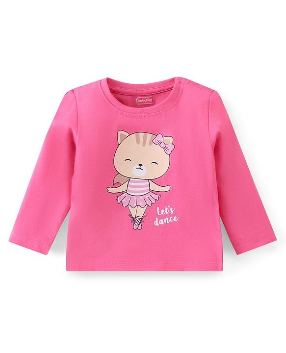 Babyhug Single Jersey Cotton Knit Full Sleeves Nightsuit With Kitty Print - Pink
