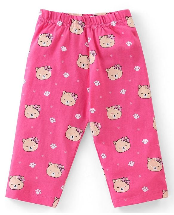 Babyhug Single Jersey Cotton Knit Full Sleeves Nightsuit With Kitty Print - Pink