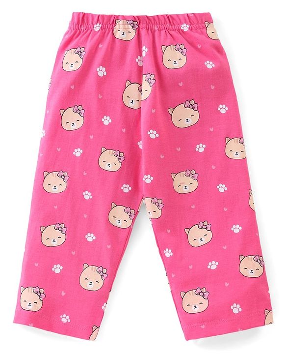 Babyhug Single Jersey Cotton Knit Full Sleeves Nightsuit With Kitty Print - Pink