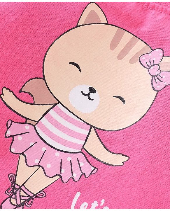 Babyhug Single Jersey Cotton Knit Full Sleeves Nightsuit With Kitty Print - Pink