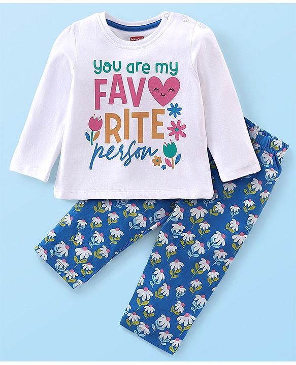 Babyhug Cotton Knit Full Sleeves Night Suit With Text & Floral Print - Navy Blue & White