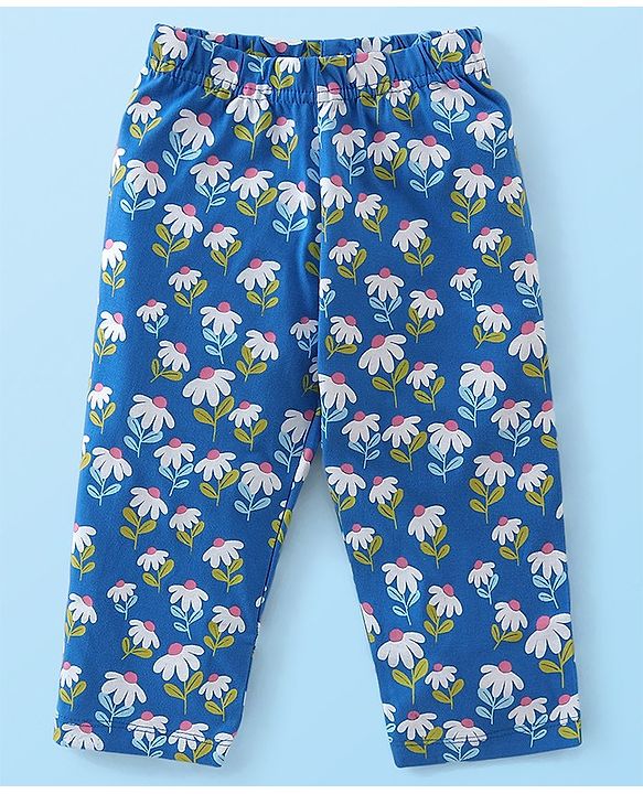 Babyhug Cotton Knit Full Sleeves Night Suit With Text & Floral Print - Navy Blue & White