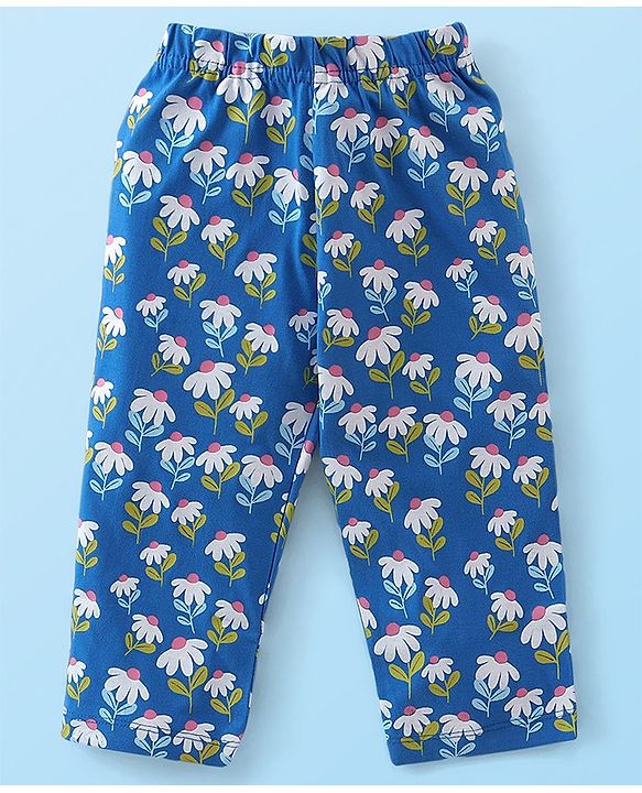 Babyhug Cotton Knit Full Sleeves Night Suit With Text & Floral Print - Navy Blue & White