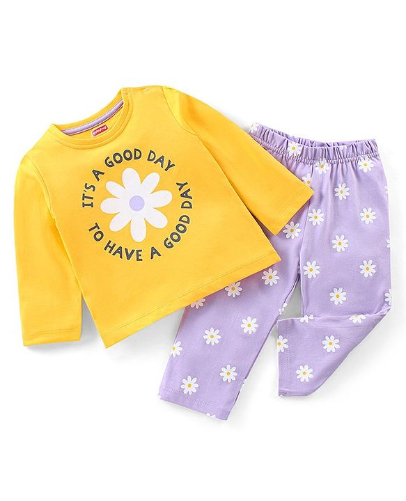 Babyhug Cotton Knit Full Sleeves Text & Floral Printed Night Suit - Yellow & Lavender