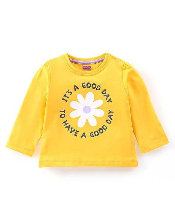 Babyhug Cotton Knit Full Sleeves Text & Floral Printed Night Suit - Yellow & Lavender