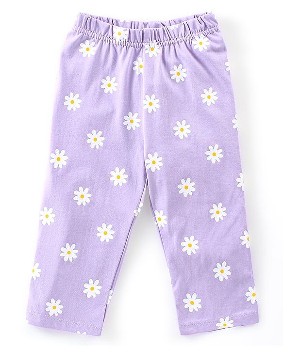 Babyhug Cotton Knit Full Sleeves Text & Floral Printed Night Suit - Yellow & Lavender