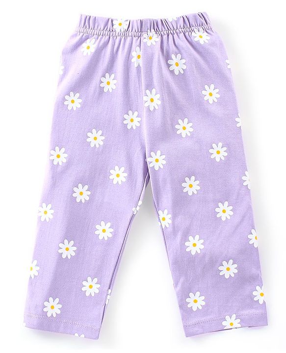 Babyhug Cotton Knit Full Sleeves Text & Floral Printed Night Suit - Yellow & Lavender