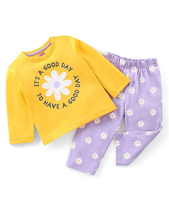 Babyhug Cotton Knit Full Sleeves Text & Floral Printed Night Suit - Yellow  & Lavender