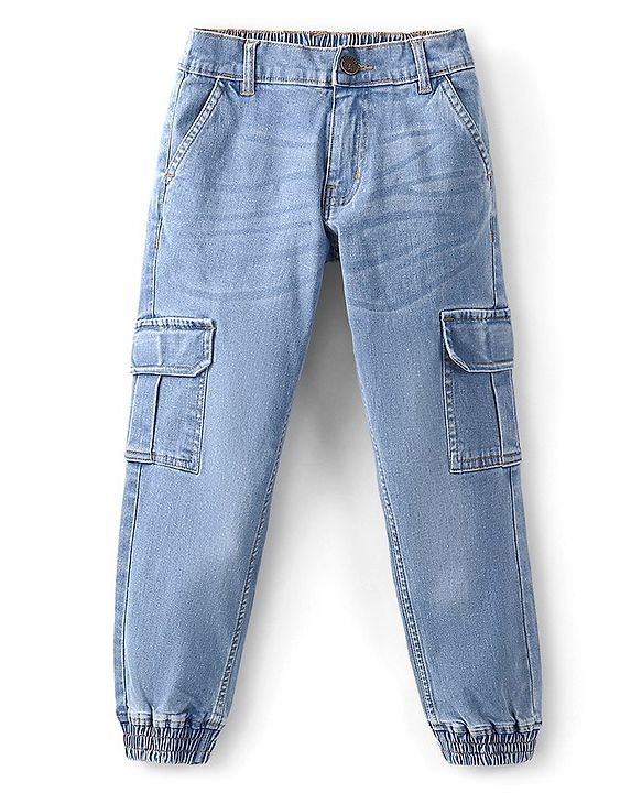 Pine Kids Cotton Full Length Joggers Fit Adjustable Washed Elasticated Jeans - Blue
