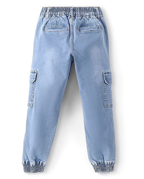 Pine Kids Cotton Full Length Joggers Fit Adjustable Washed Elasticated Jeans - Blue