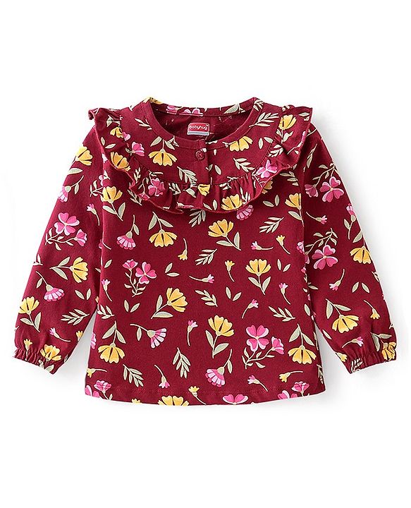 Babyhug 100% Cotton Knit Full Sleeves Top With Frill Detailing Floral Print - Maroon