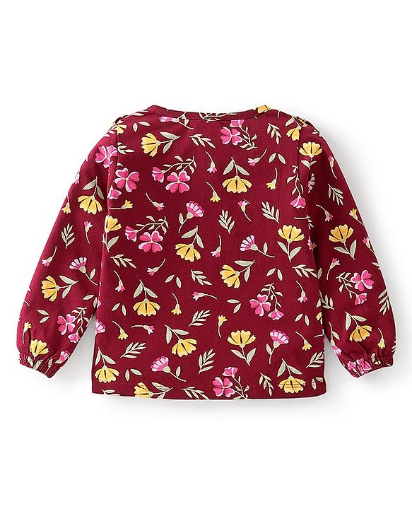 Babyhug 100% Cotton Knit Full Sleeves Top With Frill Detailing Floral Print - Maroon