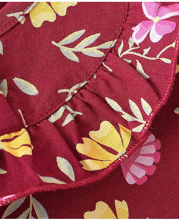 Babyhug 100% Cotton Knit Full Sleeves Top With Frill Detailing Floral Print - Maroon