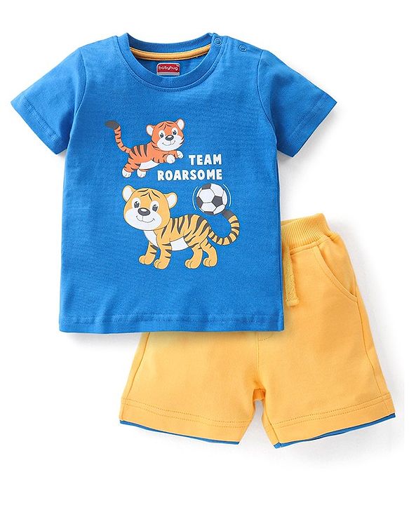 Babyhug 100% Cotton Half Sleeves Lion Printed T-Shirt & Shorts Set - Blue & Yellow