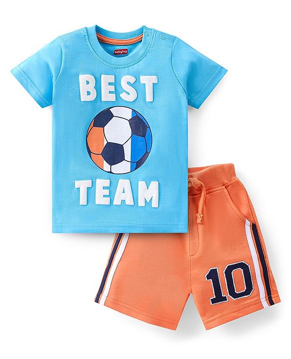 Babyhug Cotton Knit Half Sleeves T-Shirt & Shorts Set Football Print - Blue & Orange