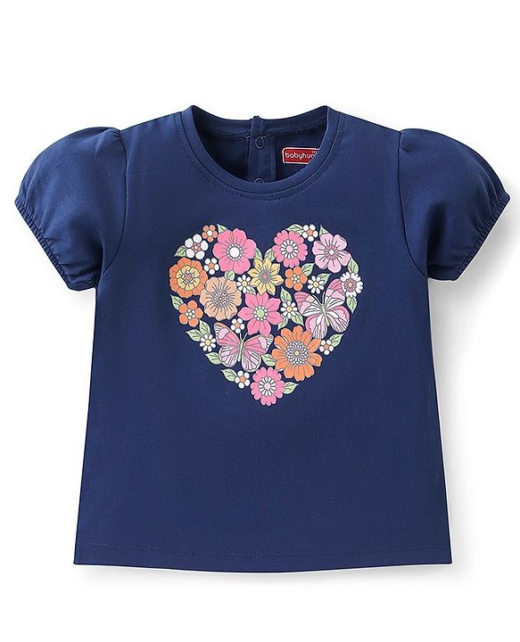 Babyhug Cotton Knit Half Sleeves Top Foral Graphics - Navy