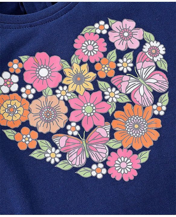 Babyhug Cotton Knit Half Sleeves Top Foral Graphics - Navy