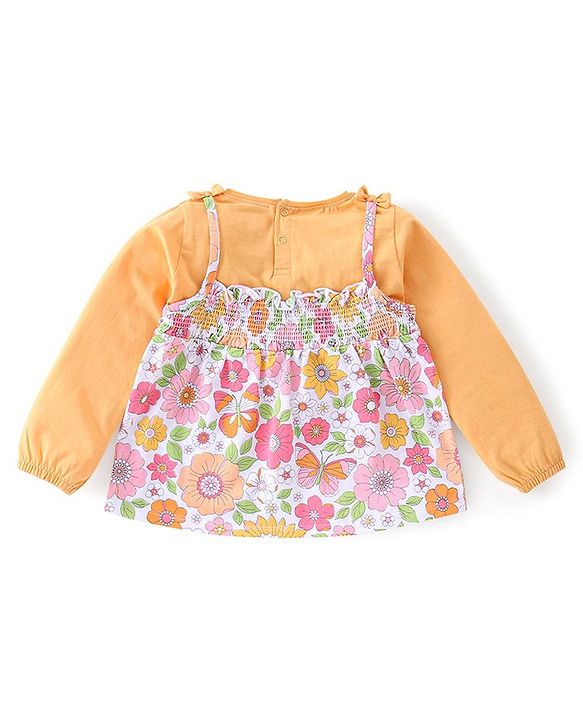 Babyhug Cotton Knit Floral Print Top with Inner Tee & Bow Detailing - Yellow & White