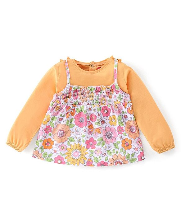 Babyhug Cotton Knit Floral Print Top with Inner Tee & Bow Detailing - Yellow & White