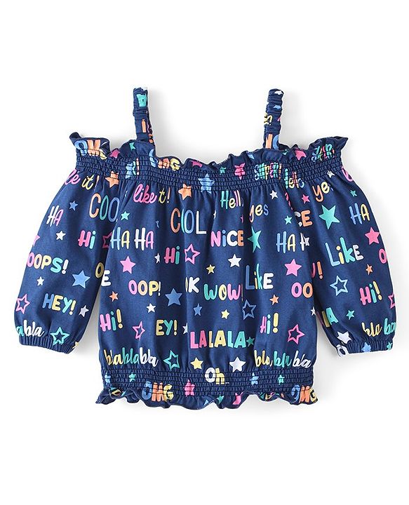 Babyhug 100% Cotton Knit Off Shoulder Full Sleeves Top With Smoking Detailing Text Print - Navy Blue